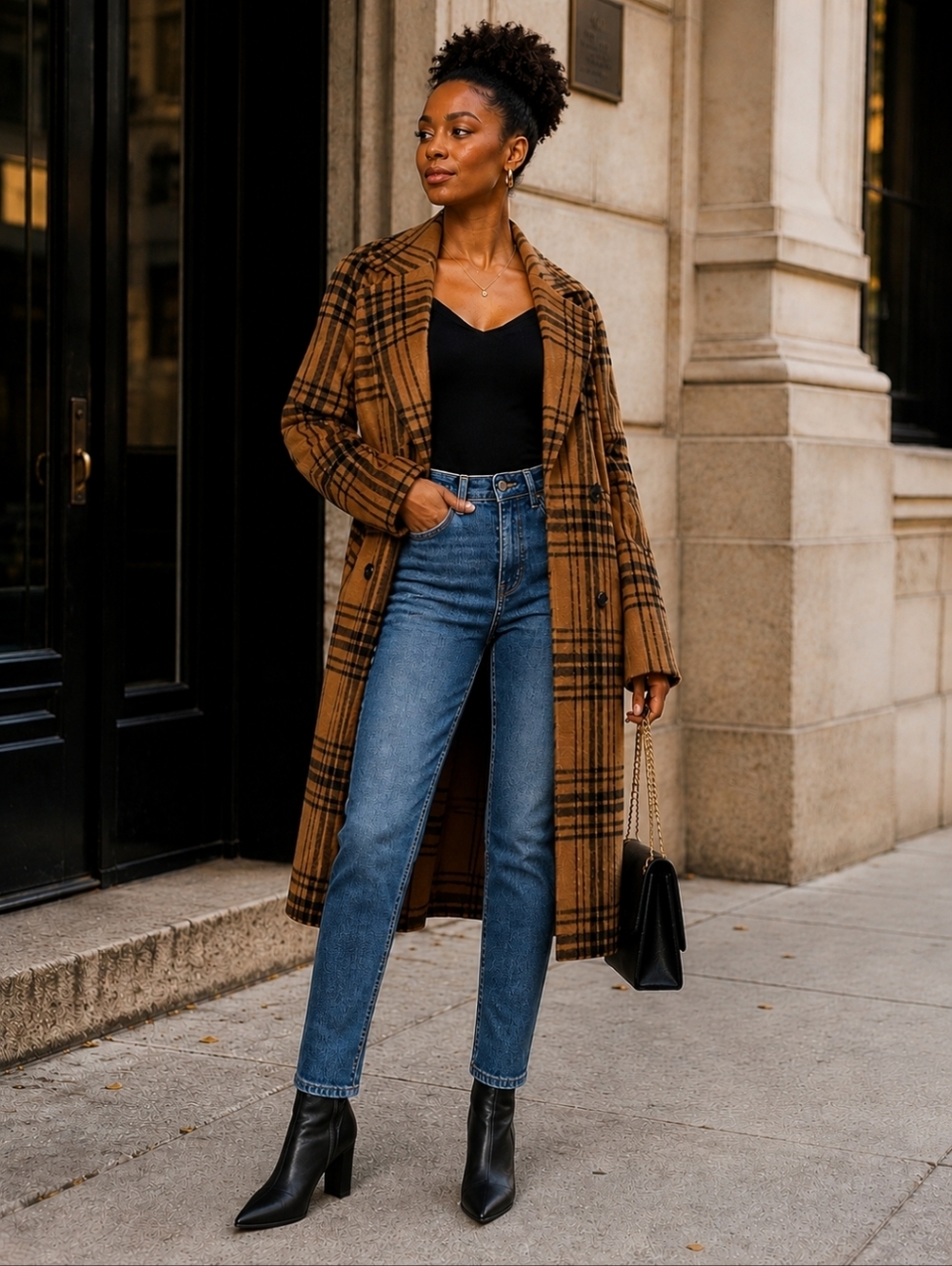 Avec Les Filles Tan Plaid Double‎ Breasted Coat